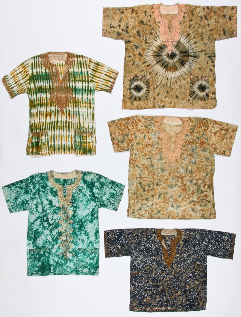 5 Vintage African Tie Dye Men's Shirts: 5 Vintage African Tie Dye Men's Shirts. Largest Size: 38'' x 31'' (97 x 79 cm). Ex. Collection Pamela Scheinman, noted textile expert and writer for the magazine "American Craft", "Fiberarts" and "Sur