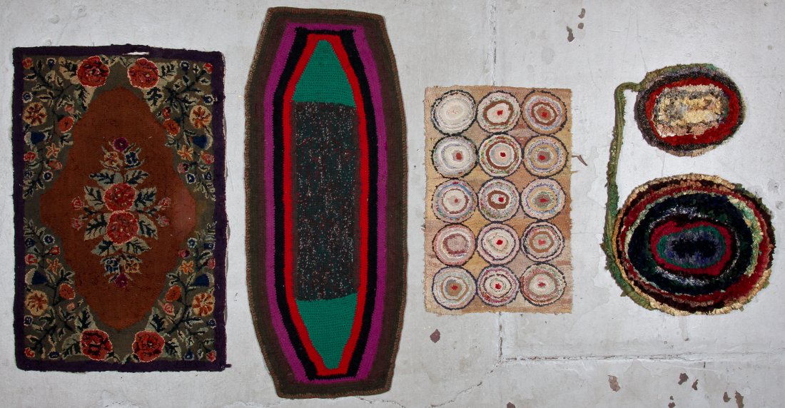 Study Lot of 5 Vintage American Rag Rugs: Study Lot of 5 Vintage American Rugs. Consisting of 1 floral design hooked rug, 1 Amish crocheted rug, 1 circle design hooked rug, and two circular braided stitched pads. Largest Size: 2'11" x 4'5" (8