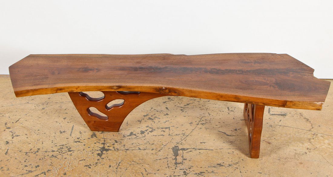 Gino Russo Studio Nakashima Style Live Edge Low Table: Gino Russo Studio Nakashima Style Live Edge Low Table. Black walnut crotch. Originally purchased in 1974. Size: 16" x 25 " x 68", 41 x 64 x 173 cm.