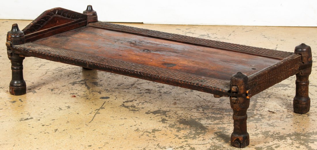 Old Swat Valley Wood Bed: Old Swat Valley Wood Bed. Size: 15'' x 52'' x 26'' (38 x 132 x 66 cm). Provenance: Maryanne Conheim, Philadelphia.