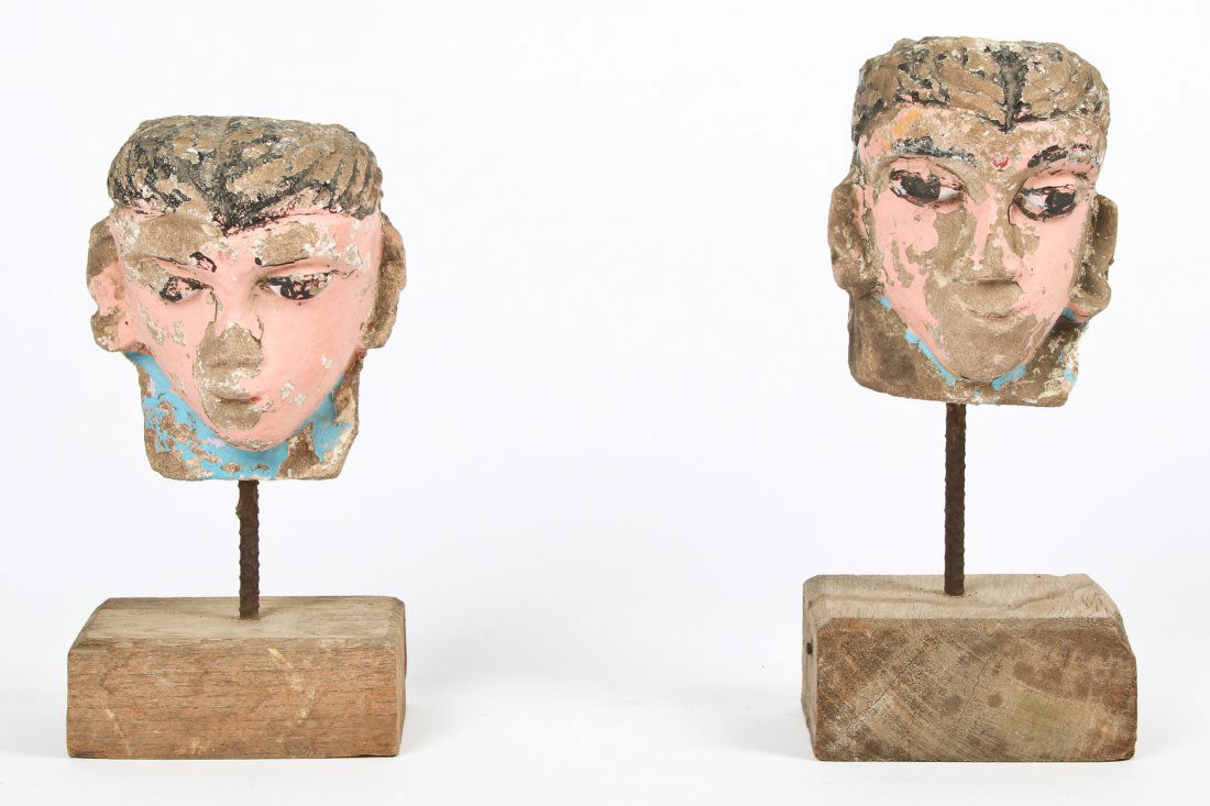 2 Small Antique Indian Carved Stone heads on Stands (1 of 5)