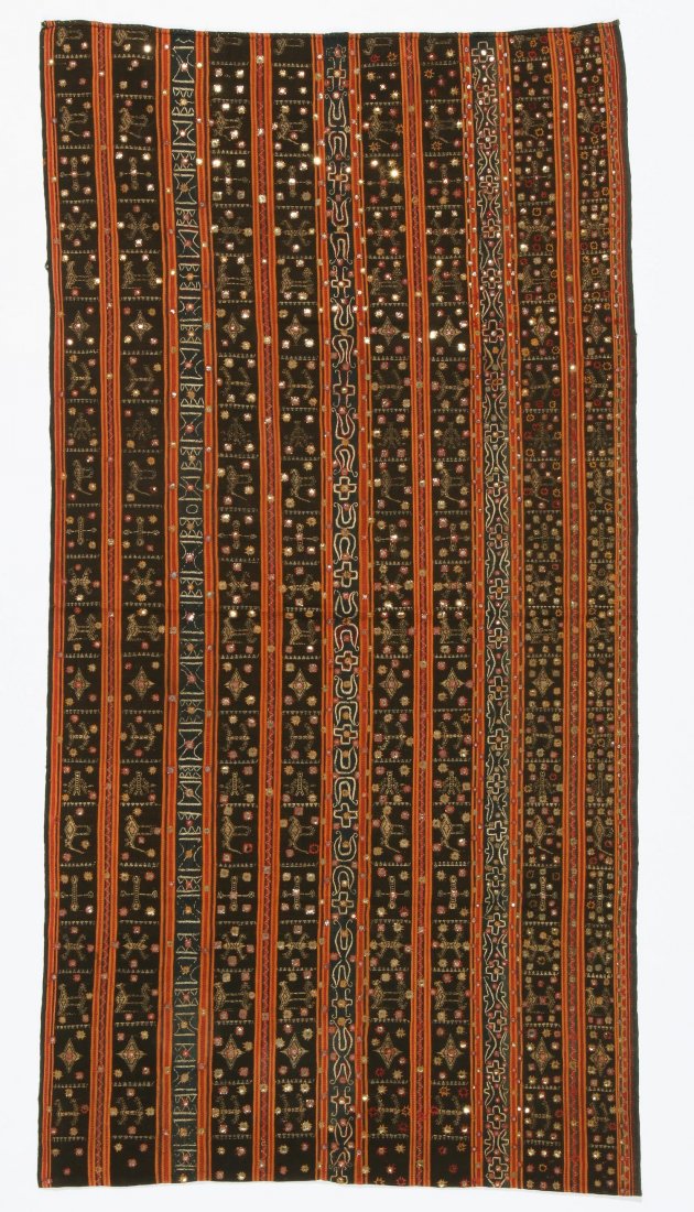 Tapis/Sarong, South Sumatra, Indonesia: Tapis, South Sumatra, Indonesia, cotton, silk, mirror, embroidery. Size: 25" x 48.5", 64 x 123 cm.