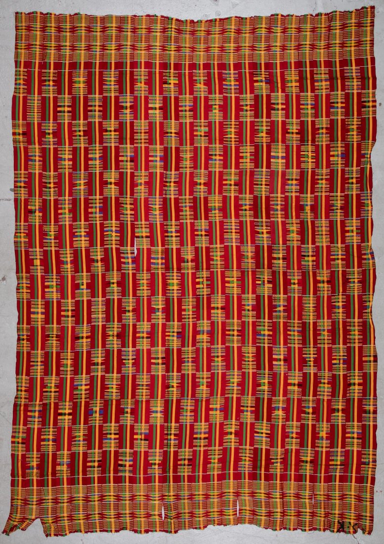 Large Old Kente Cloth: 87'' x 125'': Large Old Kente Cloth, Ghana, early/mid 20th c. Narrow strip loom. Size: 87'' x 125'' (221 x 318 cm). Provenance: Maryanne Conheim, Philadelphia.