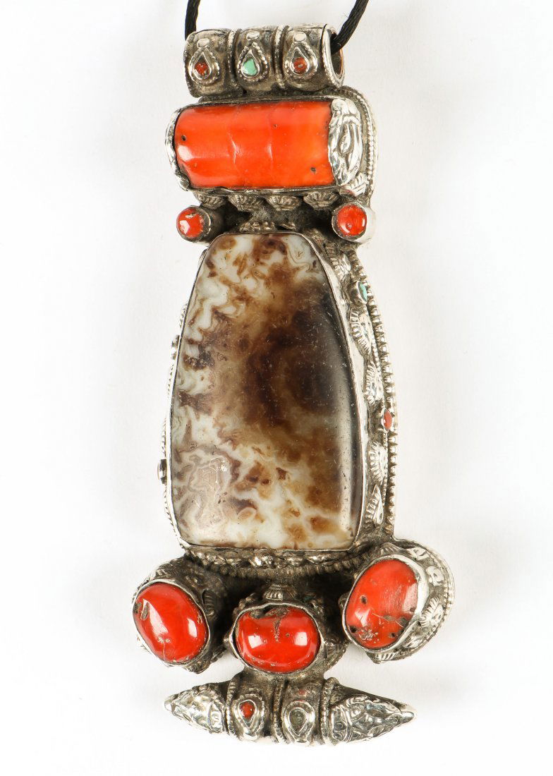 Tibetan Coral, Silver and Hardstone Pendant (1 of 3)