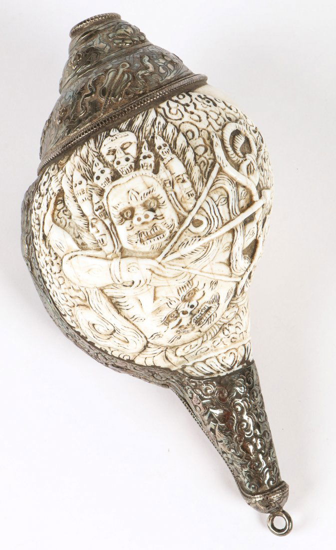 Tibetan Silver Mounted Carved Conch (1 of 3)