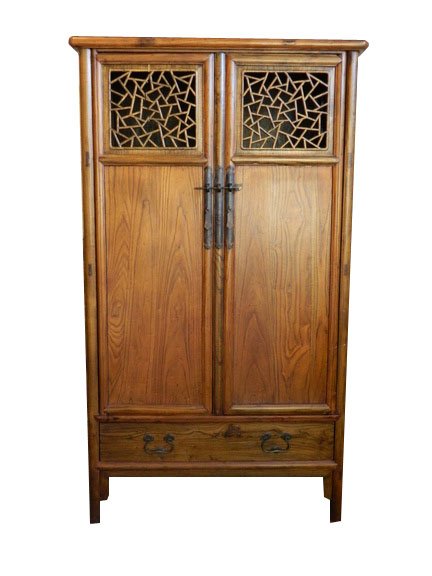 Mid 19th Century Yewood Chinese Armoire Used for Sc: 19th Century Yewood Chinese Armoire with Brass Pulls and Escutcheons with Detailed "Broken Ice" atop and on Sides. Used for Scholars Books "Confucian Classics". From the Nantong Area in China. Interio