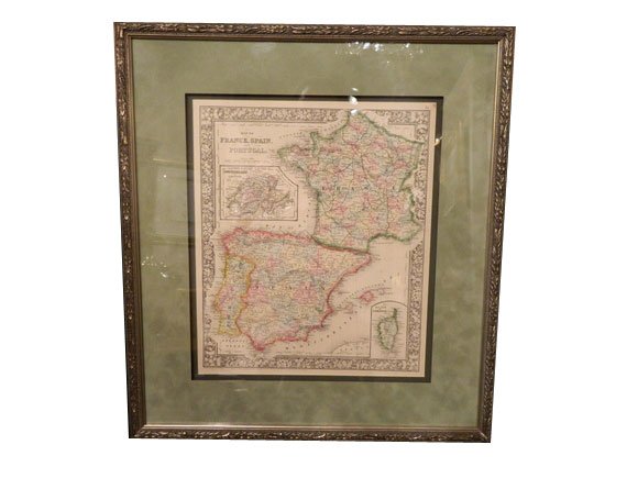 Antique Map of France, Spain and Portugal. Publis: Antique Map of France, Spain and Portugal. Published 1860, dated on map below bottom left neat line. Published by S. Augustus Mitchell. A beautifully engraved antique map featuring original hand color