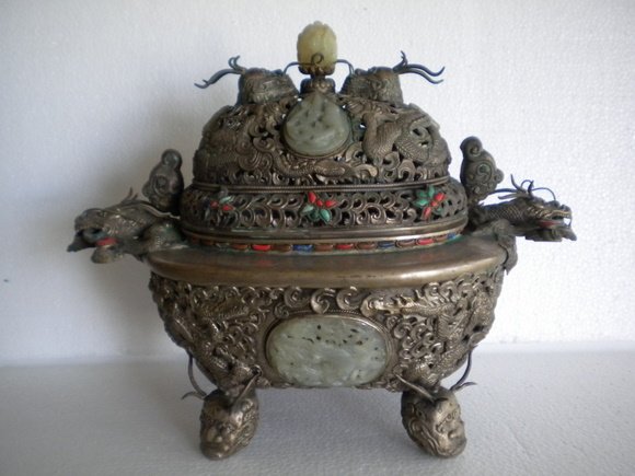 Amazing and Oversized Mongolian Silver and Bronze : Amazing and Oversized Mongolian Silver and Bronze Incense Burner with Jade, Silver, Bronze, Coral, and Turquoise. 17" w