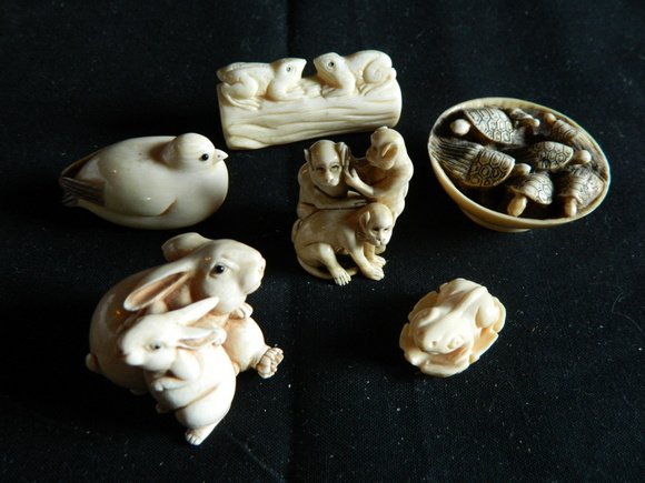 Group of Six Carved Ivory Netsukes with Hallmarks: Group of Six Carved Ivory Netsukes with Hallmarks