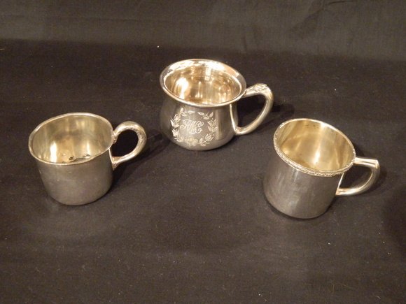 Group of Three Silver Baby Cups: Group of Three Baby Cups. Hallmark: "F. B. Rogers Silver Co.", "________ Silver Co. Quadruple Plate Portland ME", and "Benedict EPNS - BMM Period Plate Georgian"