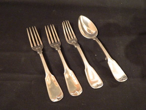 Set of Jones Lows Ball Silver Plate Forks and Spoo: Collection of American Coin Silver of Three Forks and a Serving Spoon Made by Jones Lows Ball