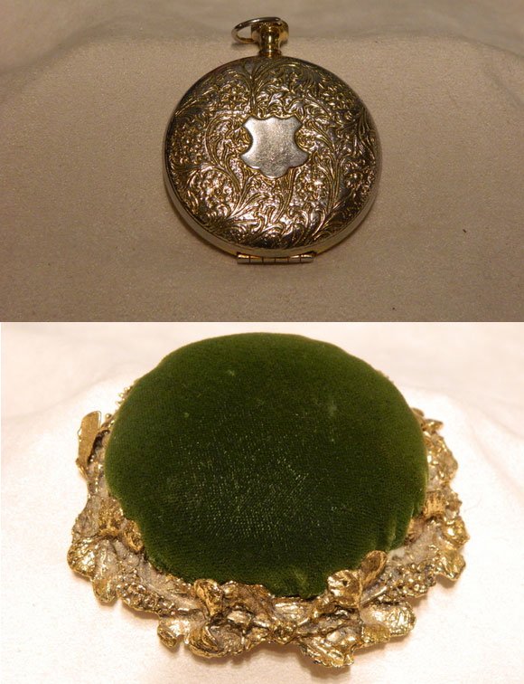 Gold Plated Pill Box and a Victorian Velvet Pin Cu: Gold Plated Pill Box and a Victorian Velvet Pin Cushion