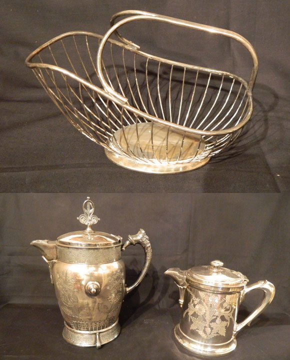 Group of Two Silver Plate Pitchers/Tankards and a : Group of Two Silver Plate Pitchers/Tankards and a Basket. Hallmarks: "Roger Smith & Co. Meriden CT", "Meriden B. Co.", No Hallmark on Basket.