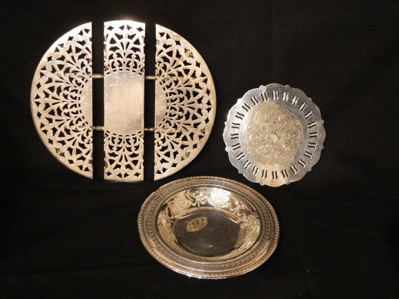 Group of Three Silver Plate Items. Two Trivets an: Group of Three Silver Plate Items. Two Trivets and a Small Reticulated Dish