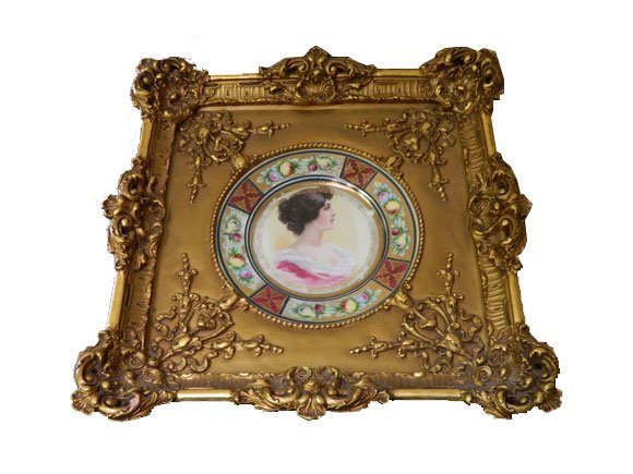 Beautiful (Possibly Vianna - No Mark) Hand Painted: Beautiful (Possibly Vianna - No Mark) Hand Painted Austrian Portrait Plate in Vintage Heavy Composition Rococo Style Frame. Dimensions: 18" x 18"