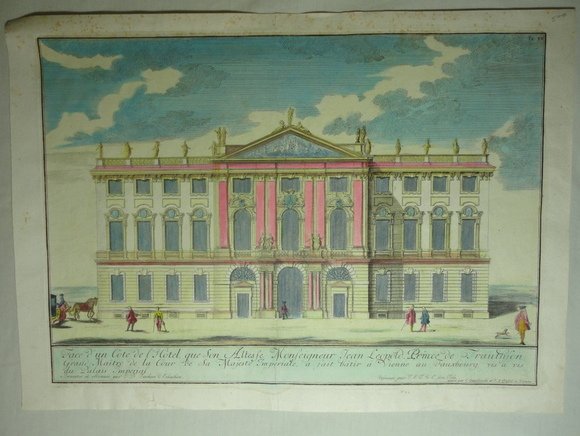 Circa 1725 Coloured Engraving. Title : “Face D'un: Circa 1725 Coloured Engraving. Title : “Face D'un Cote De L'Hotel, Que Son Altesse Monseigneur Jean Leopold, Prince De Trautson”. Series : (1) from Johann Bernhard Fischer von Erlach ‘Entwurff e