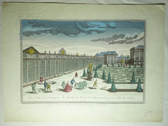 Circa 1795 Vue d’optique. Hand-coloured engraving.: Circa 1795 Vue d’optique. Hand-coloured engraving. Title : “Vue d'une des Orangeries du Jardin du Prince de Schwarzenberg par l'allée du milieu”. Author : Jacques Chereau ( French, 1694-1776). 