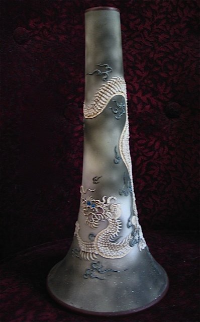 Antique Nippon Moriage Dragonware: Antique Nippon Moriage Dragonware Vase. Hallmark on bottom of vase in a circular fashion in very pale green "Hand painted" "Nippon" Dimensions: 12" h