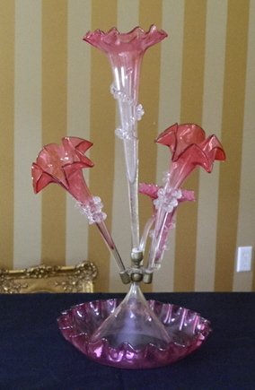 19th Century Art Glass Three Trumpet Cranberry Epe: 19th Century Art Glass Three Trumpet Cranberry Epergne with Hanging Basket and Applied Filagree Trim and Fluted Base