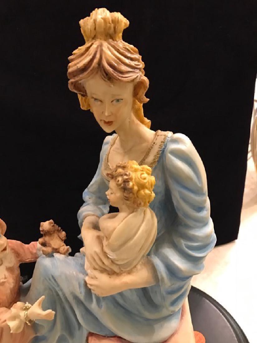 Capodimonte Porcelain Statue of Woman with Children: Capodimonte porcelain statue of woman sitting on bench with children. Great details and mounted on wooden base. From a private collection. Measures approx. 15" H x 14.5" W x 8.5" D.