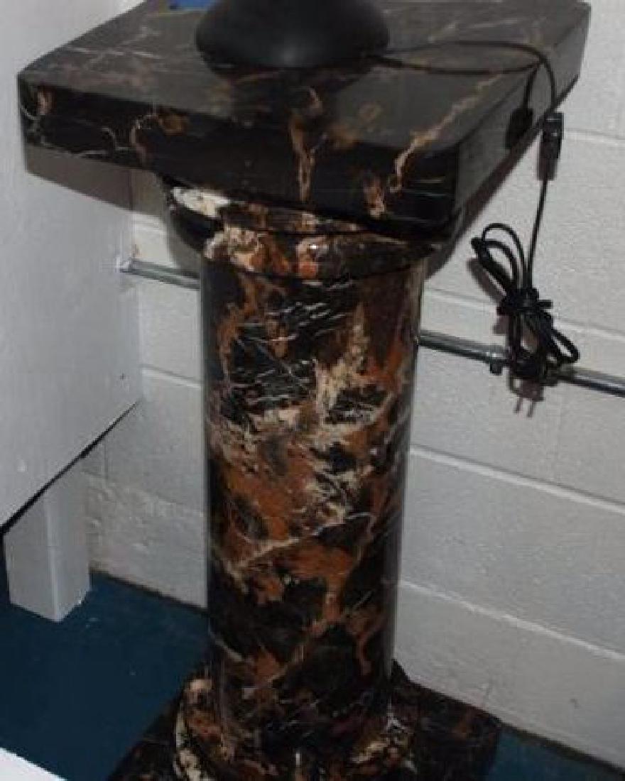 Beautiful Terracotta Colored Marble Smooth Pedestal: Beautiful marble pedestal with brown, black, and white in color with a smooth design. Measures approx. 37" H x 14" W and 14" D at the top.