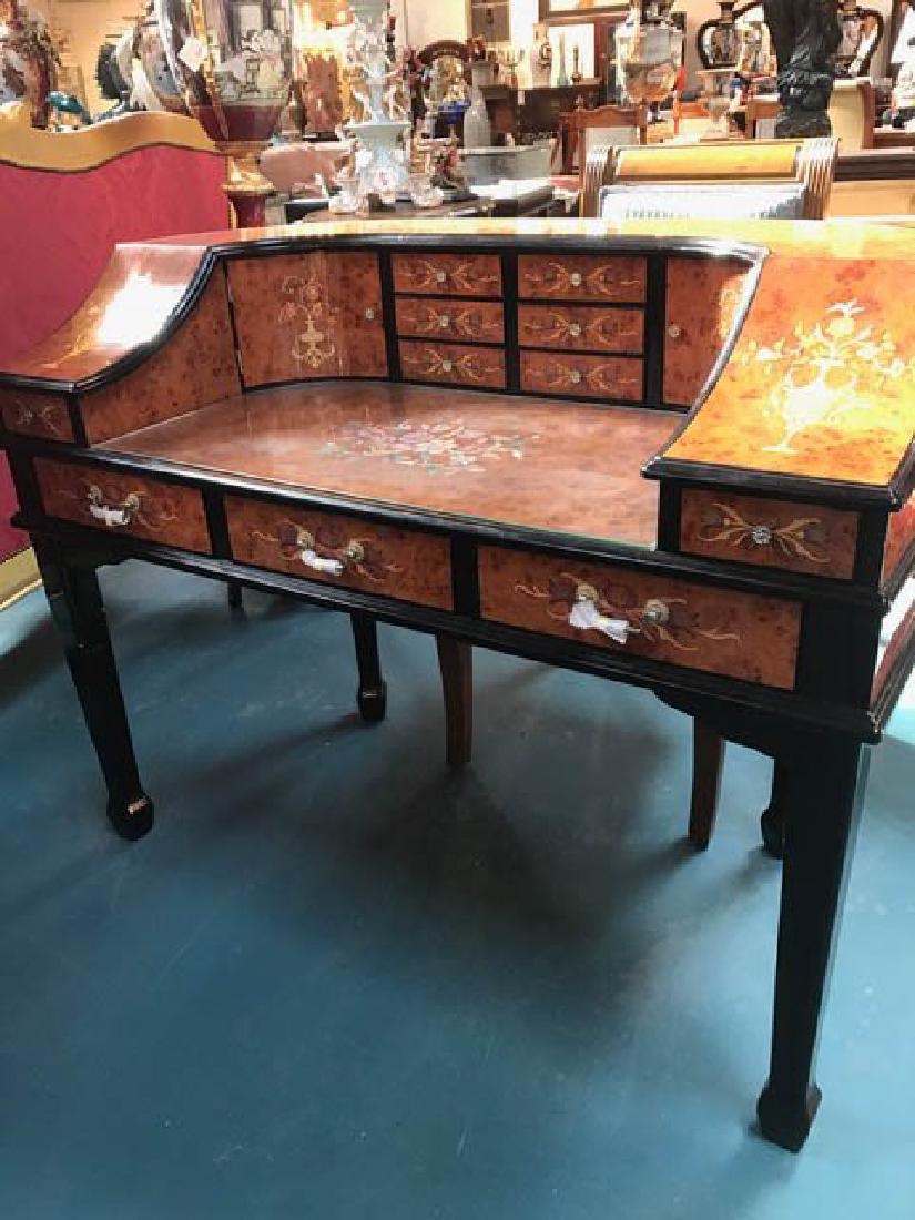 Half Moon Shaped Secretary Desk with Inlay Floral: Half moon shaped secretary desk with inlay floral design. Drawers are velvet lined. In good condition. Measures approx. 49" W x 26" D x 38.5" H.