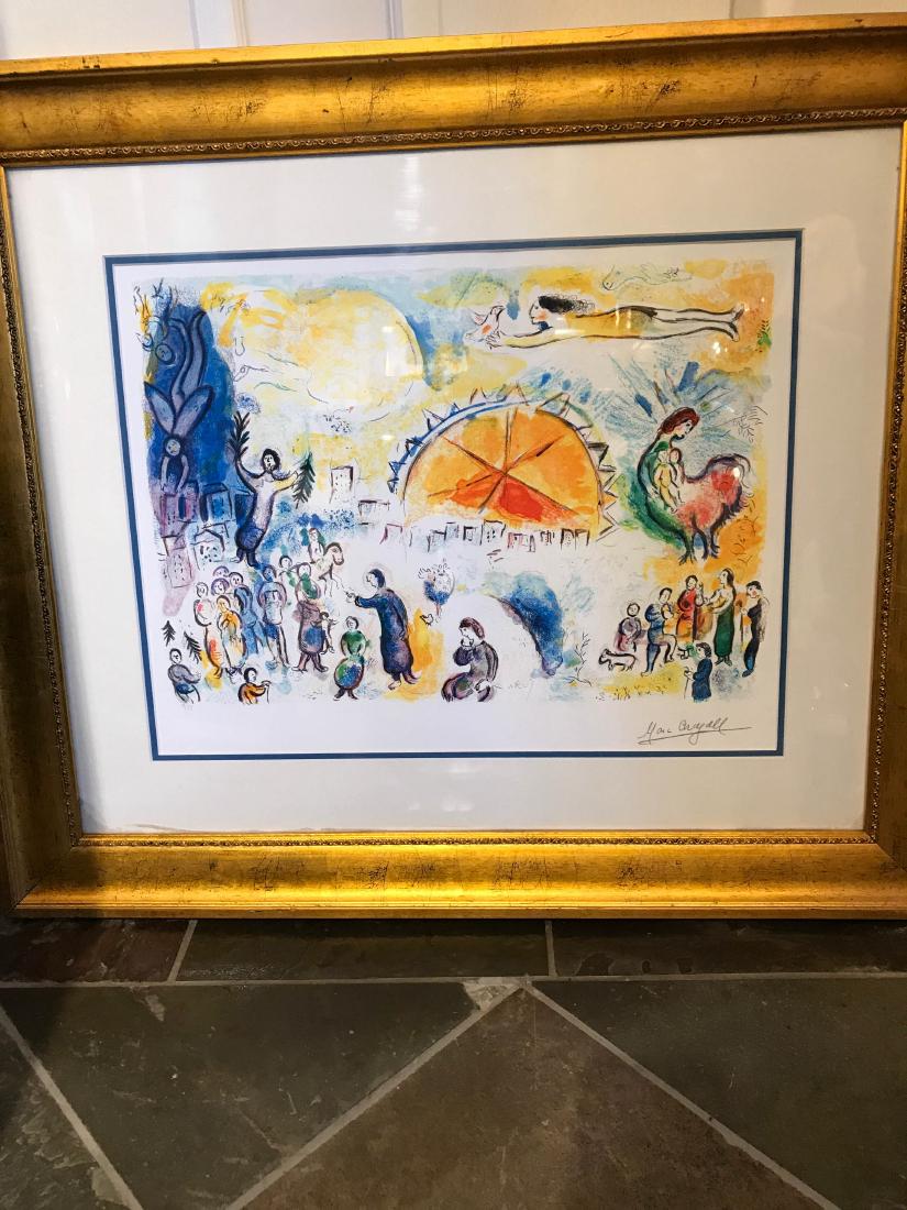 "Four Seasons" Print by Marc Chagall: Framed print titled, "Four Seasons" by Marc Chagall. A limited edition numbered 9 of 99 with certificate of authenticity on back. Framed in a beautiful gilded frame. Frame measures approx. 27"H x 32"W
