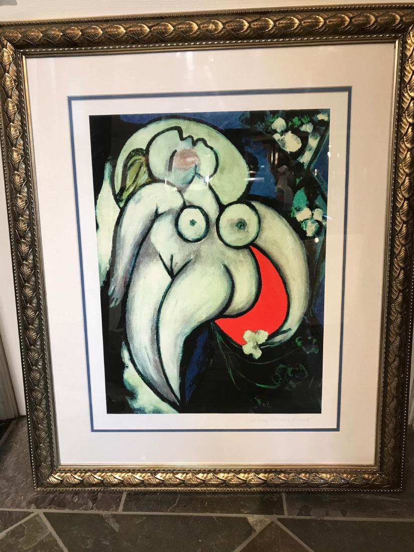 "Reclining Nude" Print by Picasso Framed: Framed print by Picasso titled "Reclining Nude." Limited edition numbered 131 of 500. Certificate of authenticity on the back. Framed in a silver frame. Measures approx. 34"H x 28"W