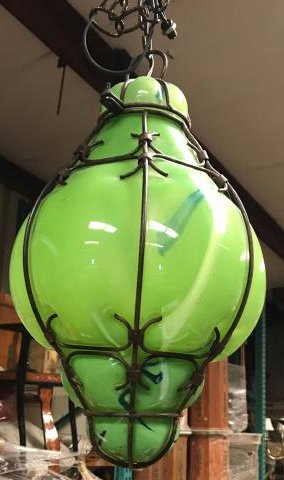 Unique Hand-Blown Glass Pendant Light: Unique hand-blown glass pendant light with wrought iron accents. An unique light in good condition. Measures approx. 14"H x 10"W