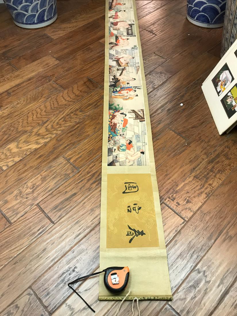 Unusual Chinese Erotic Scenes on Scroll: Unusual Chinese erotic scenes on rice paper and silk scroll. Nine different scenes depicted. Signature on silk. From a private collection. Measures approx. 97"L x 10"W.