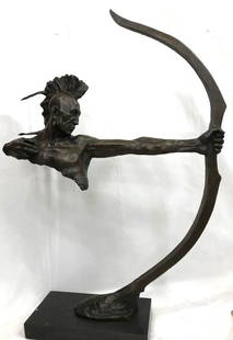 Bronze Statue of Native American with Bow: Magnificent art deco bronze statue depicting a Native American with a bow. Exceptional details. Mounted on a smooth, solid black onyx base. In excellent condition. From a private collection. Measures