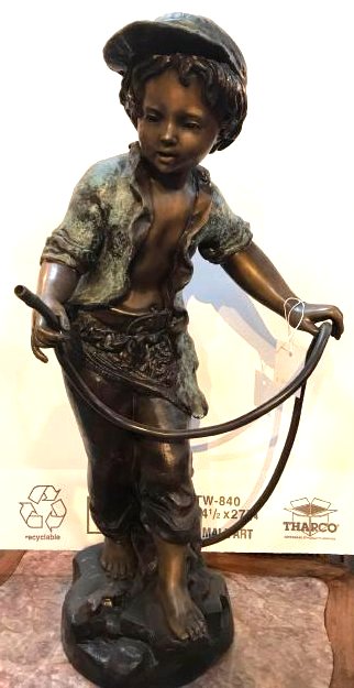 Bronze Fountain/Statue of Boy with Gardening Hose: Unique multi-patinated bronze fountain/statue of a boy holding a garden hose. Water shoots from the hose and a hose/water line goes in the back. Has great details In good condition from a local estate