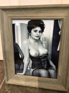 Vintage Nude Picture of Sophia Loren, Framed: Vintage picture depicting partially nude actress Sophia Loren sitting wearing a corset. From a local, private estate. Framed, measuring approx. 13"H x 11 3/4"W.