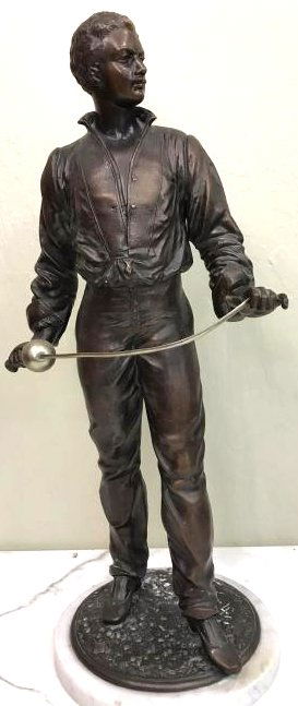 Bronze Statue of Man w/ Sword, Signed by CH Masse: Unique and unusual bronze statue of a man with a sword with excellent details. Signed by "CH Masse." Mounted on a smooth white marble base. Measures approx. 22.5"H x 11"W x 9"D. From a local estate.