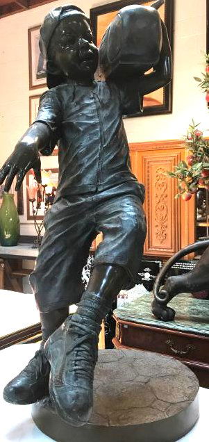 Bronze Statue of Boy with Boombox by J. Davidson: Bronze statue of a boy with a boombox signed by Jim Davidson. Has great details and nice patina. Measures approx. 43"H x 23"W x 16"D.