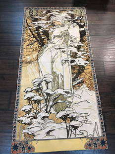 Tapestry of A. Mucha's Art, Woman in the Wind: Magnificent European tapestry depicting Alphonse Mucha's art of a woman in white in the wind. Excellent quality with pockets on the back for hanging. In excellent condition. Measures approx. 57"H x 27