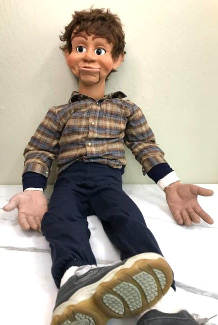 Vintage Ventriloquist Dummy w/ Realistic Features: Vintage ventriloquist dummy puppet doll with realistic features including real hair, moving eyes and mouth. Mechanism is in back. It is good, working condition. Dummy is fully clothed. From a private 