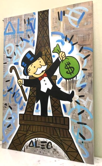 Alec Monopoly Oil on Canvas Monopoly Man, Eiffer Tower: Alec Monopoly hand-painted oil on canvas painting with Monopoly man in front of the Eiffel Tower with cane in one hand and holding a bag of money with the other. In good condition, from a local estate