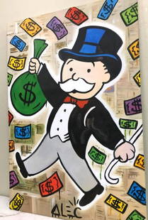 Alec Monopoly Oil on Canvas-Monopoly Man, Bag of Money: Alec Monopoly hand-painted oil on canvas painting with Monopoly man walking with cane in one hand and holding a bag of money with the other. In good condition, from a local estate. On stretched canvas