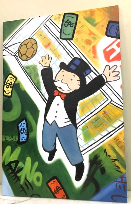 Alec Monopoly Oil on Canvas Arms Up in AIr Reproduction: Alec Monopoly hand-painted oil on canvas reproduction of Monopoly man with arms up in the air. Unframed measuring approx. 35.5"H x 24"W. In good condition.