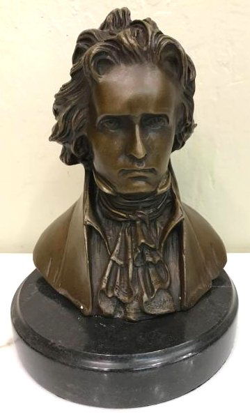 Bronze Bust of Beethoven on Marble Base: Bronze bust of Beethoven. A statue with excellent details mounted on a solid black marble base. In good condition. Measures approx. 8"H x 6"W. From a local estate.