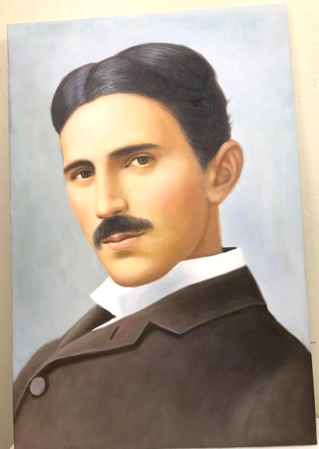 Oil on Canvas Portrait of Nikola Tesla: Oil on canvas of a portrait of Nikola Tesla. From a private collection. In good condition. Unframed. Measures approx. 36"H x 24"W.