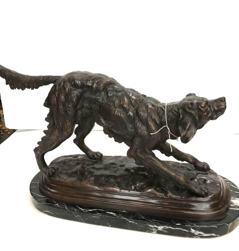 Bronze Fountain/Statue of a Dog Stretching, Marble Base: Unique bronze fountain/statue of a dog stretching with exceptional details. Mounted on a black marble base. In excellent condition. Measures approx. 12"H x 22"W x 7.5"D.