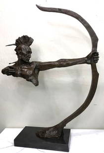 Bronze Statue of Native American Chief w/ Bow: Abstract bronze statue of a Native American chief with a bow. Mounted on a black marble base. In good condition, from a private estate. Measures approx. 31.5"H x 23"W x 6.5"D.