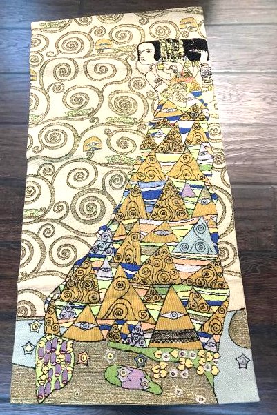 Art Deco Gustav Klimt Style Tapestry of Woman: Art deco tapestry with Gustav Klimt's style of work with a woman. Made in France. In excellent condition. Measures approx. 38"H x 18.5"W.