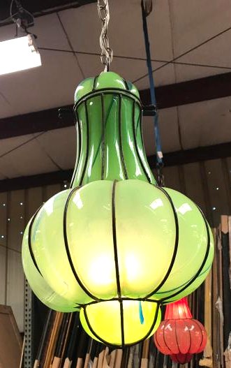 Green Handblown Glass, Wrought Iron Pendant Light: Green with blue accents hand-blown glass and wrought iron hanging pendant light. In good condition. Measures approx. 20"H x 12"W.