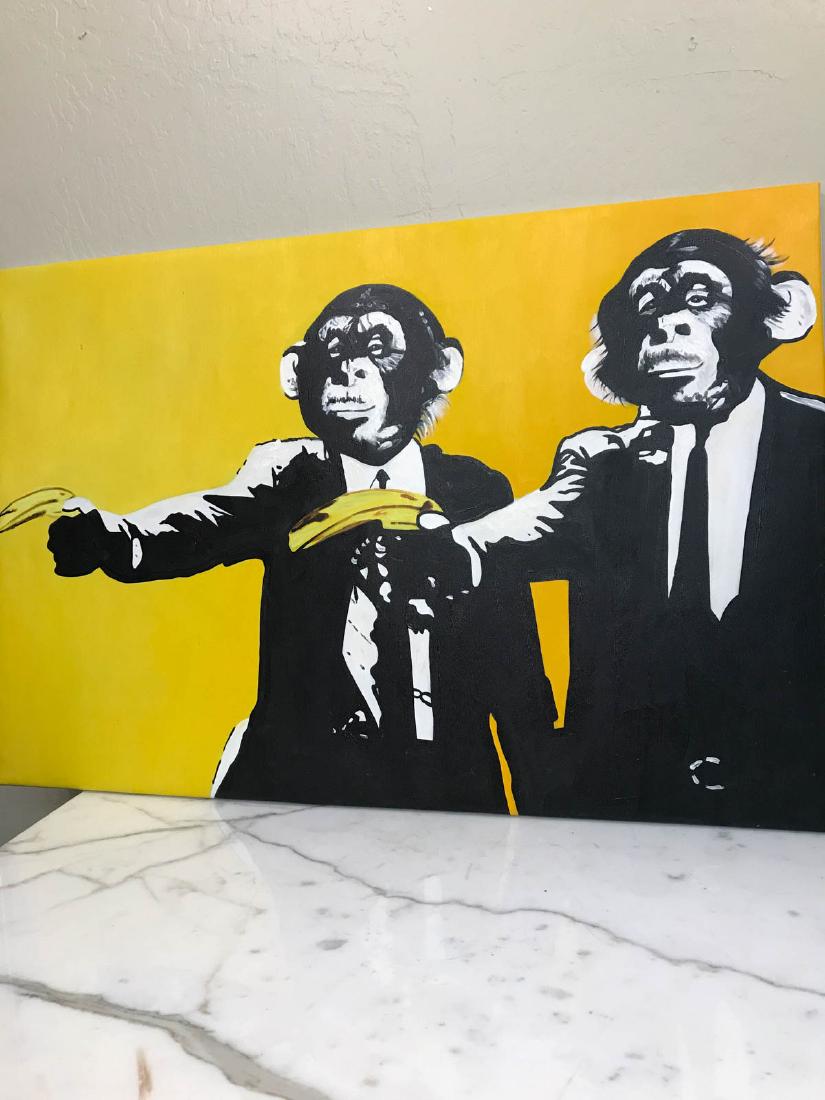 Oil on Canvas of Two Monkeys in Suits: Unique oil on canvas painting of two monkeys wearing suits each with a banana. In good condition, from a private collection. Unframed. Measures approx. 24"H x 36"W.