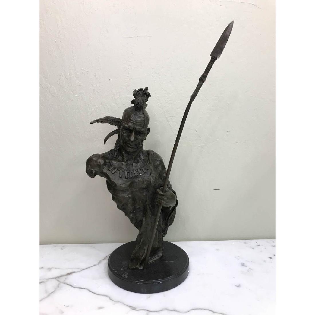Abstract Bronze Statue of Indian Chief w/ Spear, Signed: Abstract bronze statue of an Indian chief with a spear. Signed, "Nicr." In good condition. Mounted on black marble base. Measures approx. 23"H x 8.5"W (at the base) x 10"D.