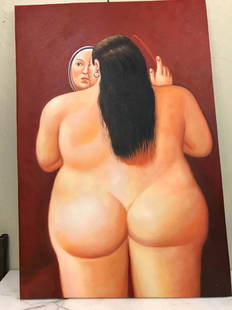 Oil on Canvas of Nude Woman Looking in Mirror: Oil on canvas painting of a curvy nude woman looking in a mirror combing her hair. From a local estate, in good condition. Unframed, measures approx. 35.5"H x 24"W.