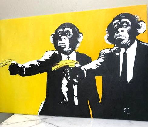 Oil on Canvas of Two Monkeys in Suits: Unique oil on canvas painting of two monkeys wearing suits each with a banana. In good condition, from a private collection. Unframed. Measures approx. 24"H x 36"W.